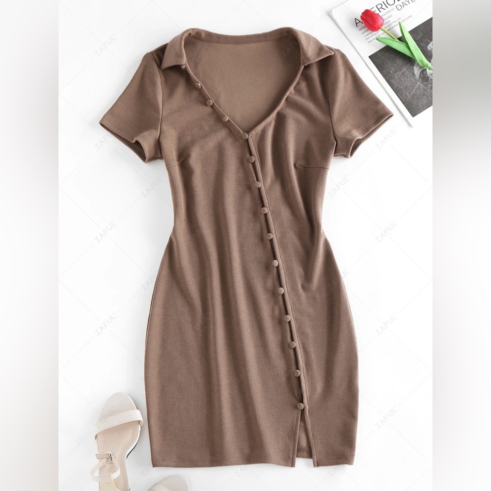 ZAFUL Loop Button Slit Mini Bodycon Dress, Coffee S
